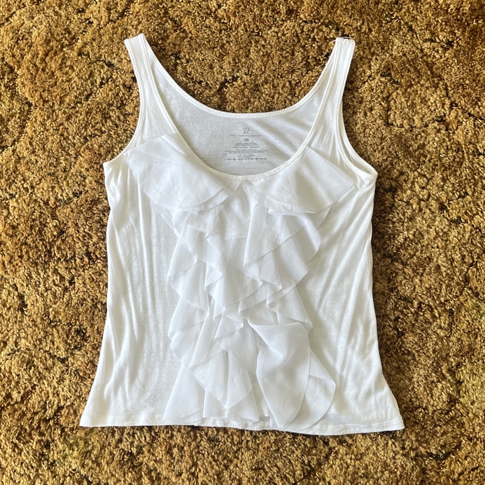New York & Company White Ruffle Tank Top